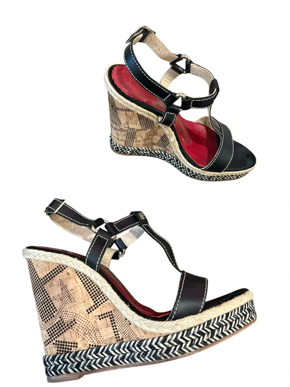 Carolina Herrera leather cork Espadrille wedges black/tan size 8 1/2